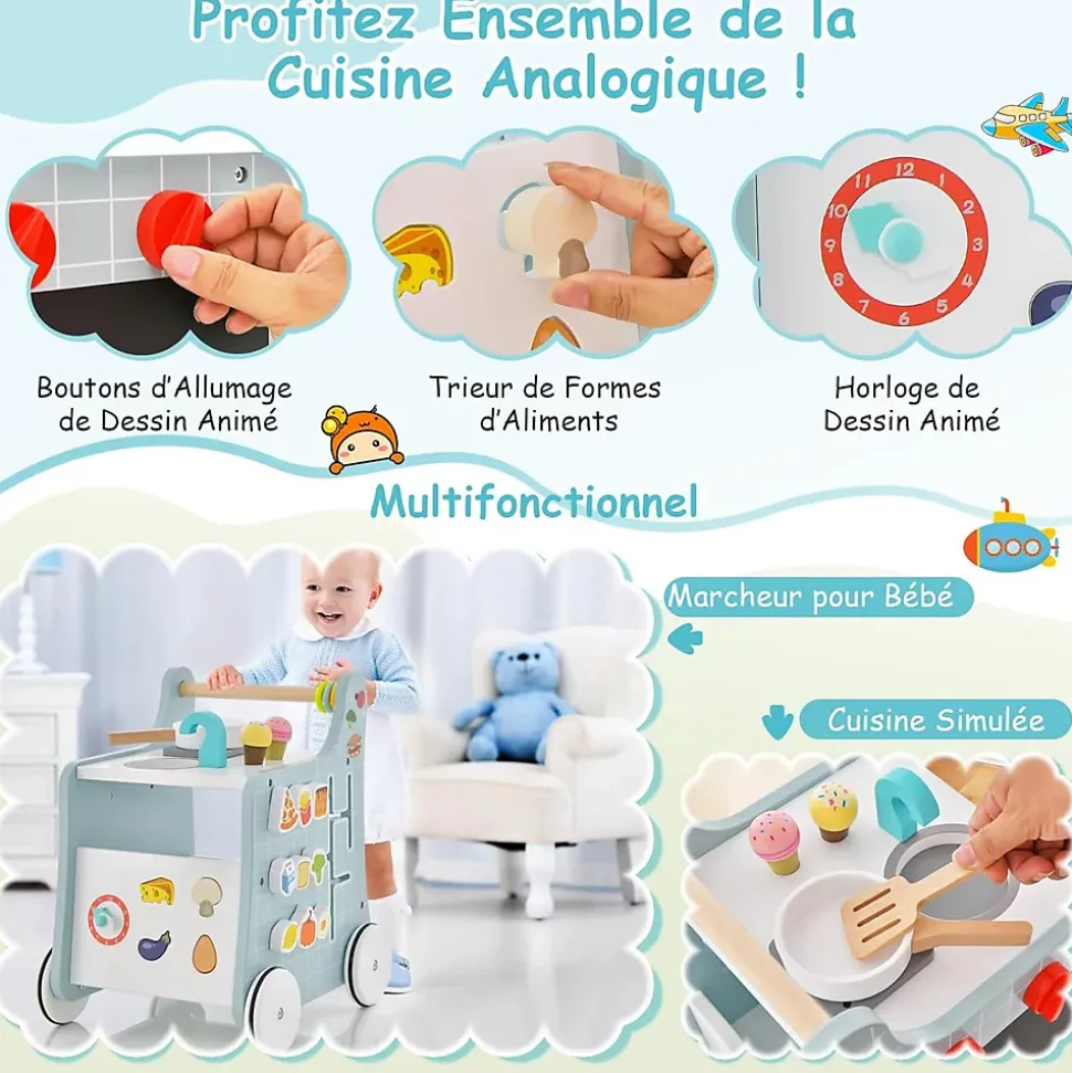 Chariot de Marche Bebe, 6 en 1 Trotteur Bois Centre d'Activités avec Jouet de Cuisine, Curseur Mobile, Vert