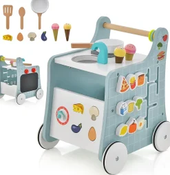 Chariot de Marche Bebe, 6 en 1 Trotteur Bois Centre d'Activités avec Jouet de Cuisine, Curseur Mobile, Vert