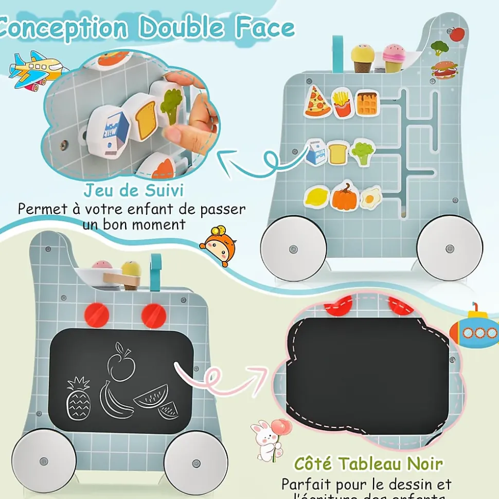 Chariot de Marche Bebe, 6 en 1 Trotteur Bois Centre d'Activités avec Jouet de Cuisine, Curseur Mobile, Vert