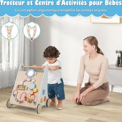 Chariot de Marche Bebe en Bois, 7 en 1 Trotteur Bébé Garçon Fille avec Jouets, Marcheur Centre d'Activités d'Apprentissage