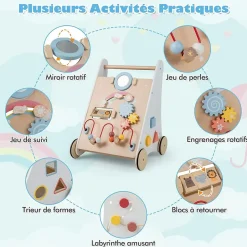 Chariot de Marche Bebe en Bois, 7 en 1 Trotteur Bébé Garçon Fille avec Jouets, Marcheur Centre d'Activités d'Apprentissage