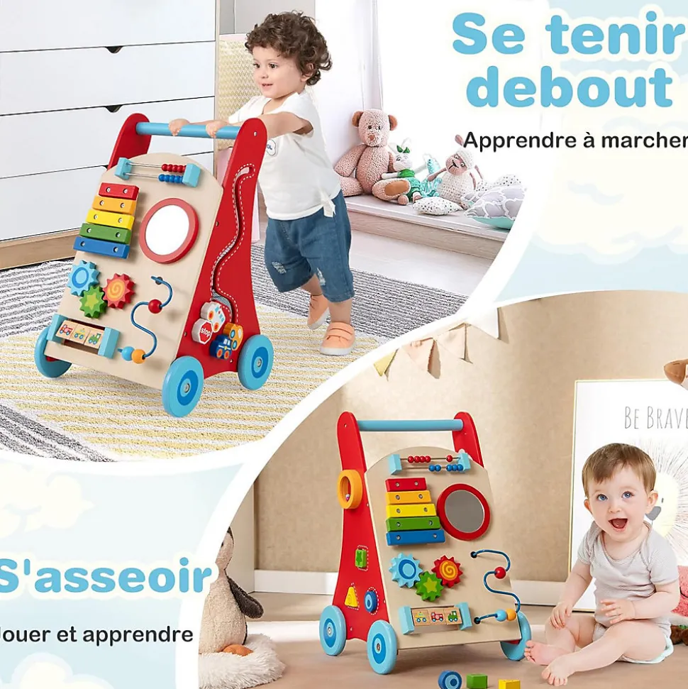 Chariot de Marche en Bois avec 3 Blocs 1 Maillet Xylophone Labyrinthe, Trotteur Bébé Montessori avec Compartiment Arrière