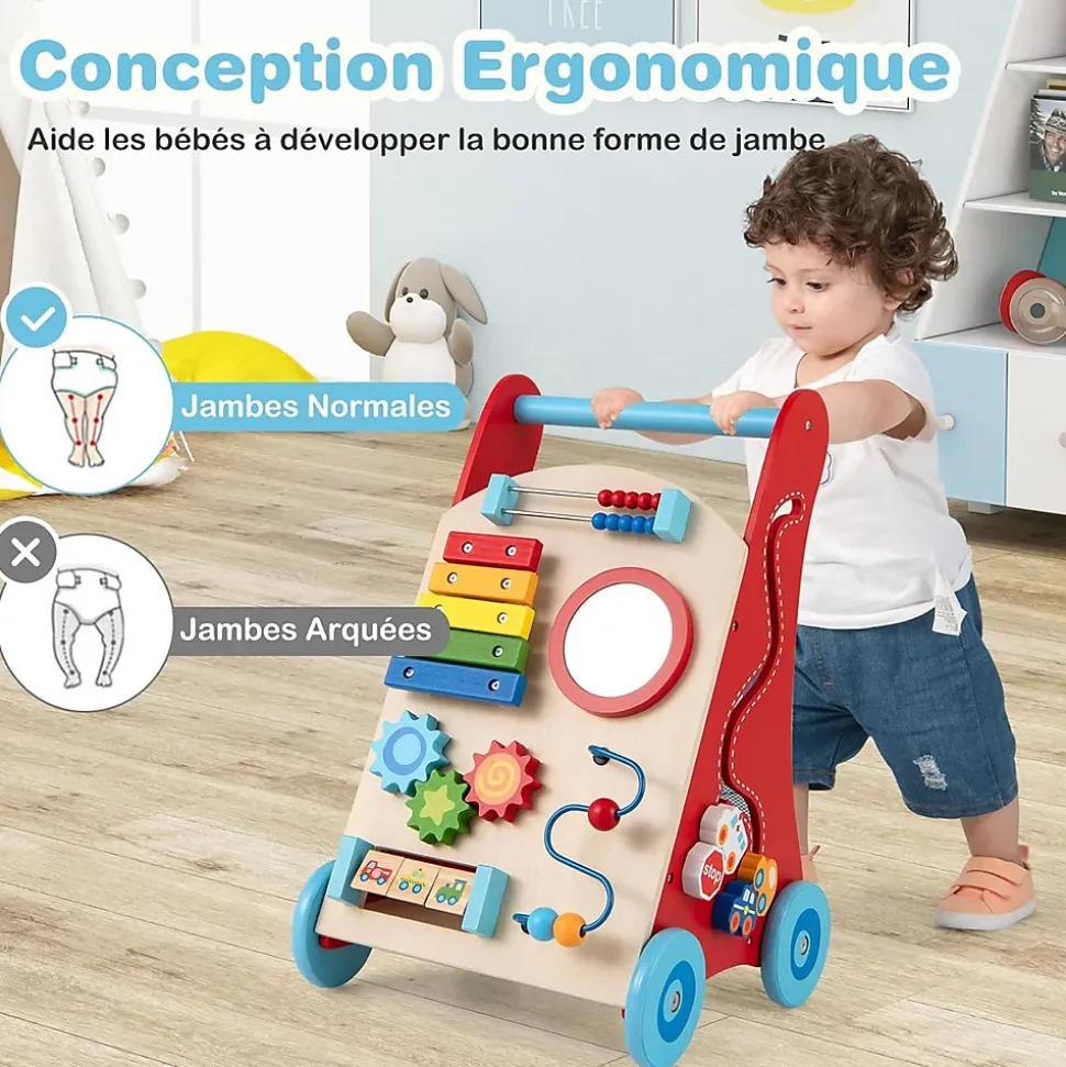 Chariot de Marche en Bois avec 3 Blocs 1 Maillet Xylophone Labyrinthe, Trotteur Bébé Montessori avec Compartiment Arrière