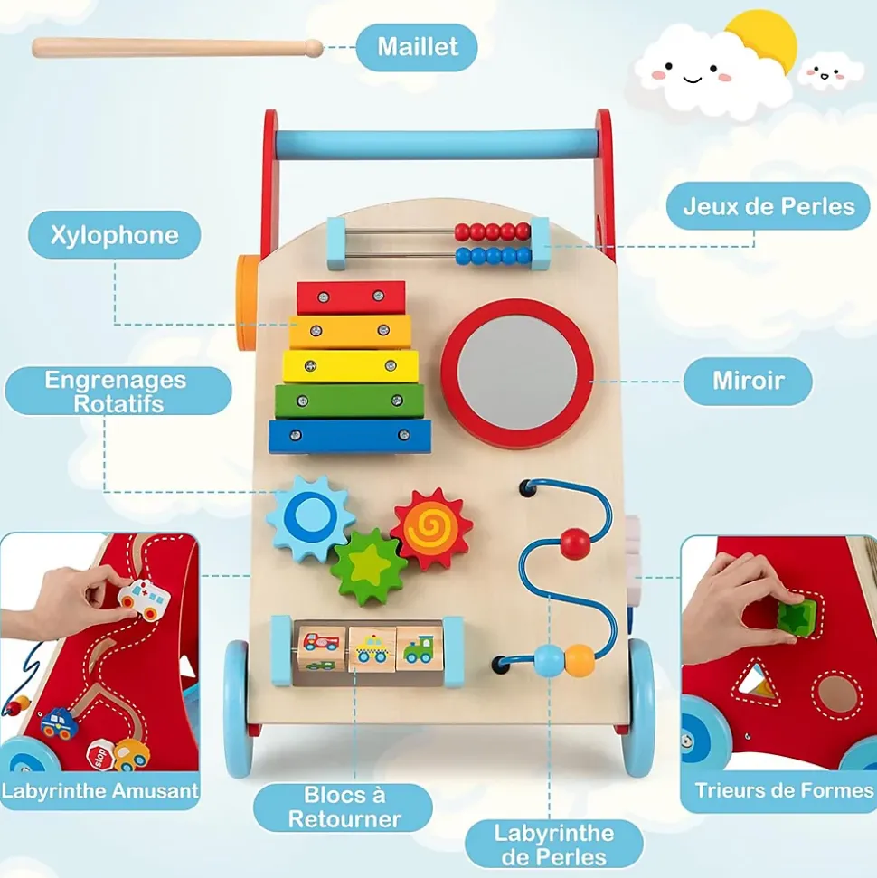 Chariot de Marche en Bois avec 3 Blocs 1 Maillet Xylophone Labyrinthe, Trotteur Bébé Montessori avec Compartiment Arrière