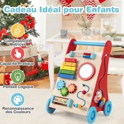 Chariot de Marche en Bois avec 3 Blocs 1 Maillet Xylophone Labyrinthe, Trotteur Bébé Montessori avec Compartiment Arrière