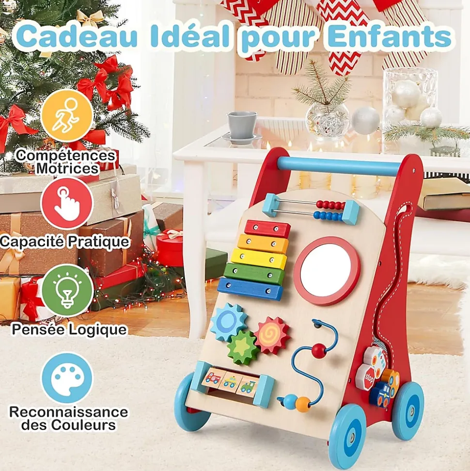 Chariot de Marche en Bois avec 3 Blocs 1 Maillet Xylophone Labyrinthe, Trotteur Bébé Montessori avec Compartiment Arrière