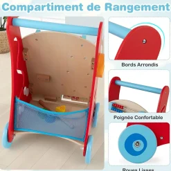 Chariot de Marche en Bois avec 3 Blocs 1 Maillet Xylophone Labyrinthe, Trotteur Bébé Montessori avec Compartiment Arrière