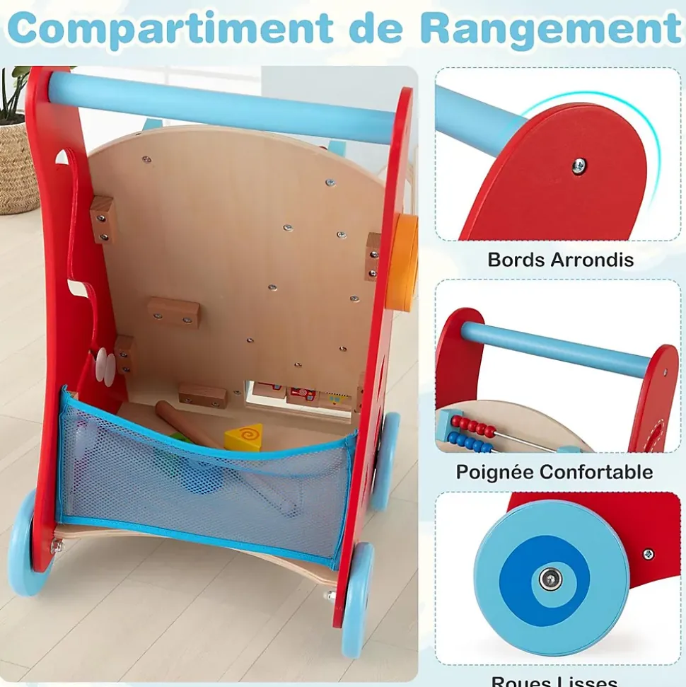 Chariot de Marche en Bois avec 3 Blocs 1 Maillet Xylophone Labyrinthe, Trotteur Bébé Montessori avec Compartiment Arrière