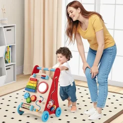 Chariot de Marche en Bois avec 3 Blocs 1 Maillet Xylophone Labyrinthe, Trotteur Bébé Montessori avec Compartiment Arrière