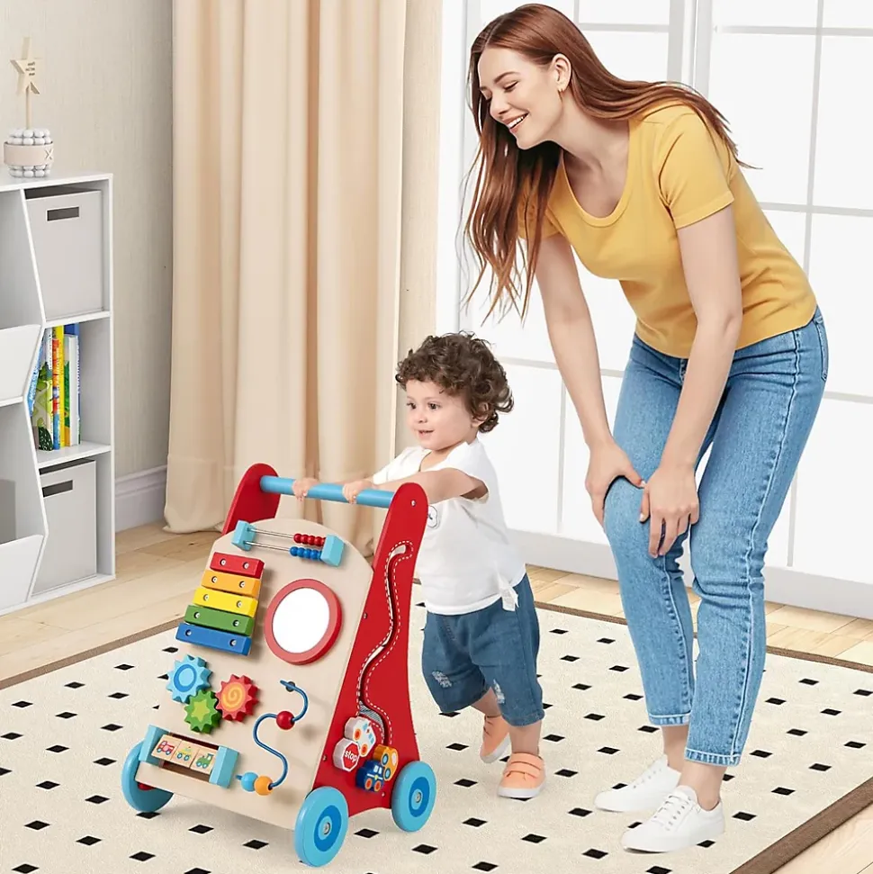 Chariot de Marche en Bois avec 3 Blocs 1 Maillet Xylophone Labyrinthe, Trotteur Bébé Montessori avec Compartiment Arrière