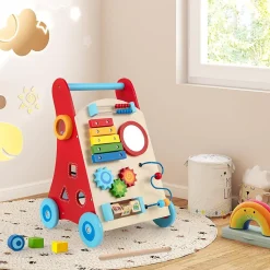 Chariot de Marche en Bois avec 3 Blocs 1 Maillet Xylophone Labyrinthe, Trotteur Bébé Montessori avec Compartiment Arrière
