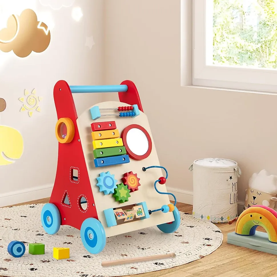 Chariot de Marche en Bois avec 3 Blocs 1 Maillet Xylophone Labyrinthe, Trotteur Bébé Montessori avec Compartiment Arrière