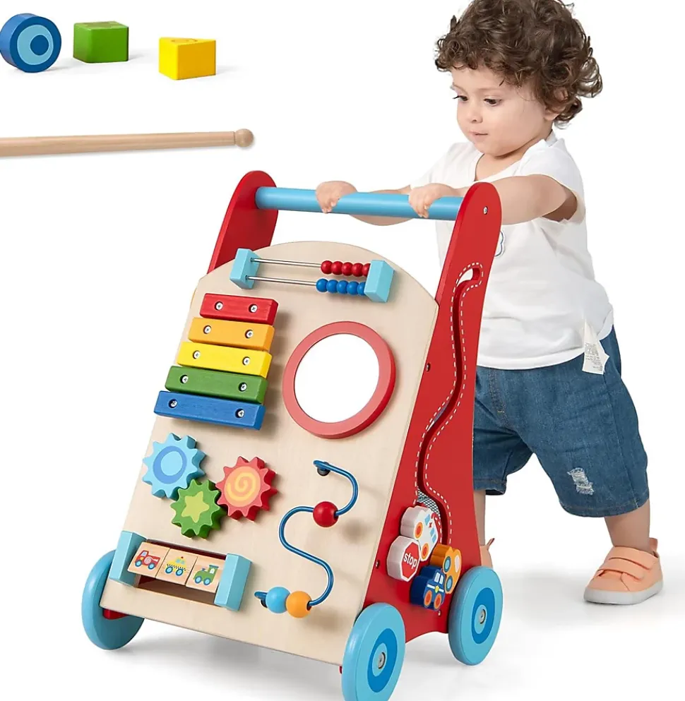 Chariot de Marche en Bois avec 3 Blocs 1 Maillet Xylophone Labyrinthe, Trotteur Bébé Montessori avec Compartiment Arrière