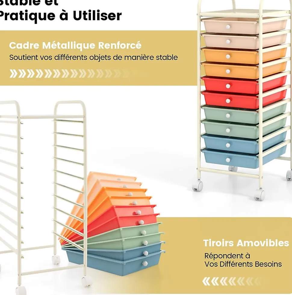 Chariot de Rangement 10 Tiroirs à roulettes Tour de Rangement à roulettes Tiroirs en Plastique Multicolore Dégradé