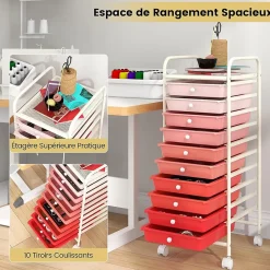 Chariot de Rangement 10 Tiroirs à roulettes Tour de Rangement à roulettes Tiroirs en Plastique Rose