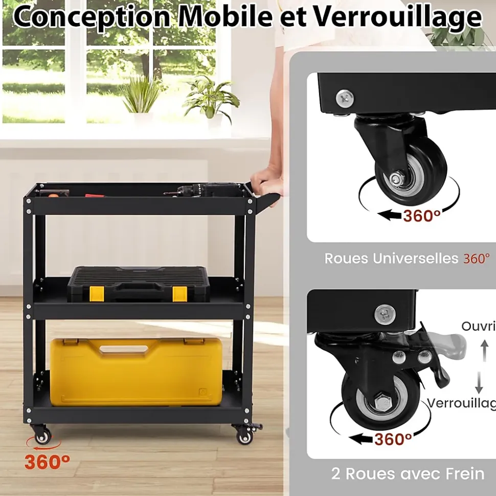 Chariot de Service à 3 Niveaux avec Poignée Pratique Roues Verrouillables Chariot Utilitaire Polyvalent Noir