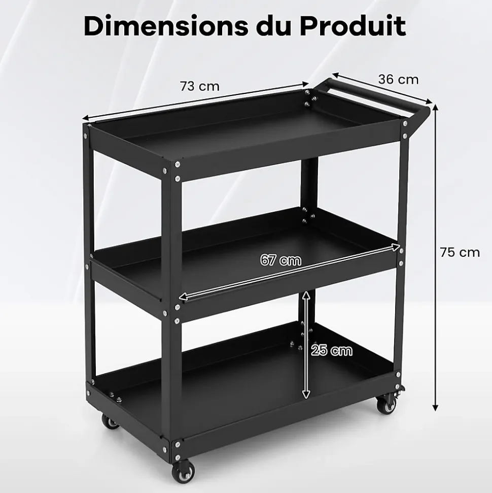 Chariot de Service à 3 Niveaux avec Poignée Pratique Roues Verrouillables Chariot Utilitaire Polyvalent Noir