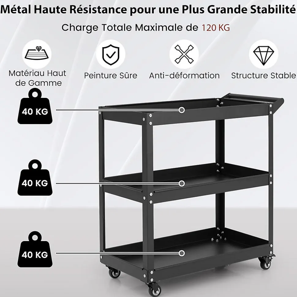Chariot de Service à 3 Niveaux avec Poignée Pratique Roues Verrouillables Chariot Utilitaire Polyvalent Noir