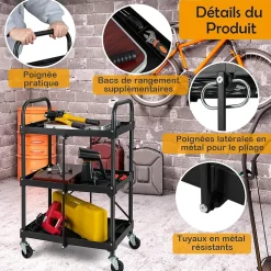 Chariot de Service Pliable et Repliable Chariot Roulant à 3 Niveaux avec Roues universelles Chariot Utilitaire Pliable