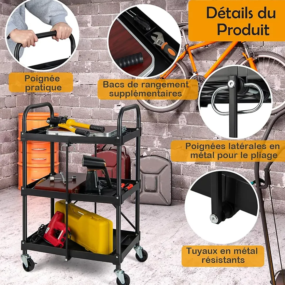 Chariot de Service Pliable et Repliable Chariot Roulant à 3 Niveaux avec Roues universelles Chariot Utilitaire Pliable