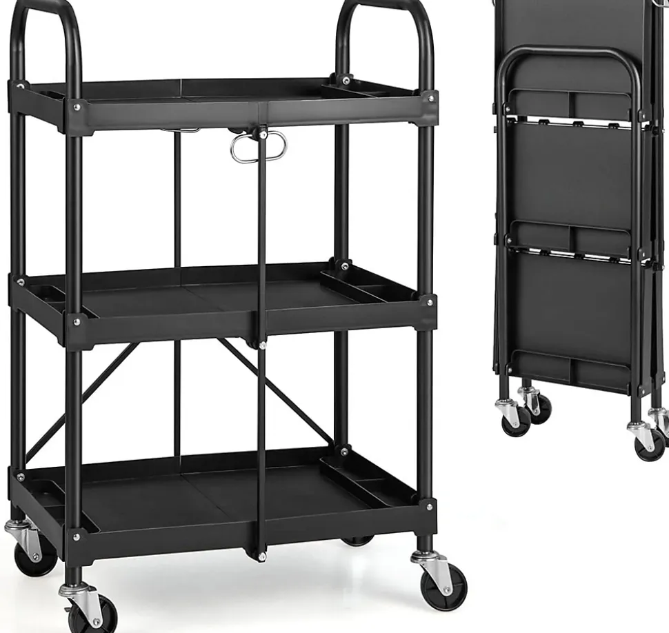 Chariot de Service Pliable et Repliable Chariot Roulant à 3 Niveaux avec Roues universelles Chariot Utilitaire Pliable