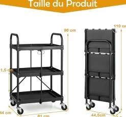 Chariot de Service Pliable et Repliable Chariot Roulant à 3 Niveaux avec Roues universelles Chariot Utilitaire Pliable