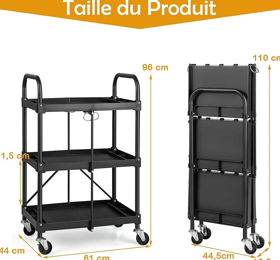 Chariot de Service Pliable et Repliable Chariot Roulant à 3 Niveaux avec Roues universelles Chariot Utilitaire Pliable