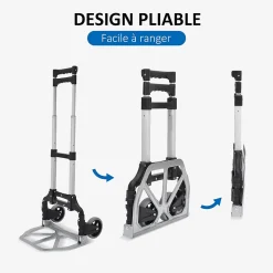 Chariot diable pliable leger telescopique charge 70kg en aluminium argent-noir