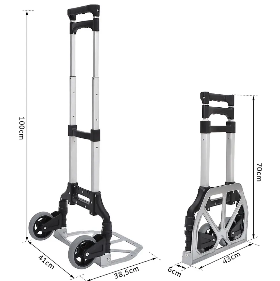 Chariot diable pliable leger telescopique charge 70kg en aluminium argent-noir