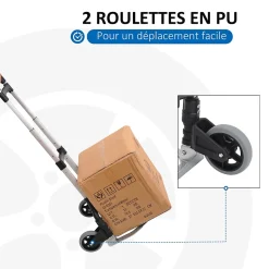 Chariot diable pliable leger telescopique charge 70kg en aluminium argent-noir