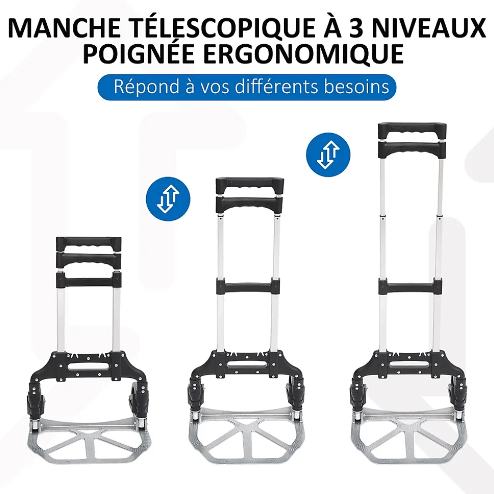 Chariot diable pliable leger telescopique charge 70kg en aluminium argent-noir