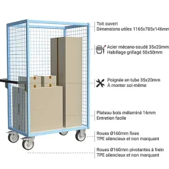 Chariot grillagé sans toit - Plateau 1165x785mm - Charge max 500kg - 880725232