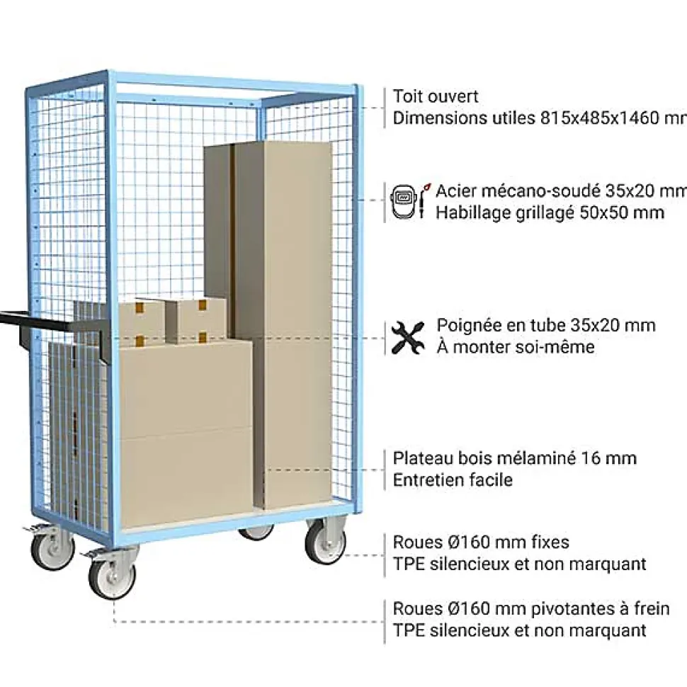Chariot grillagé sans toit - Plateau mélaminé 815x485mm - Charge max 500kg - 880725212
