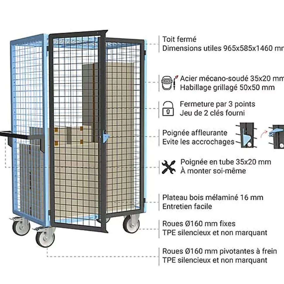 Chariot grillagé verrouillable non marquant - Plateau bois mélaminé 965x585mm - Charge max 500kg - 880725223