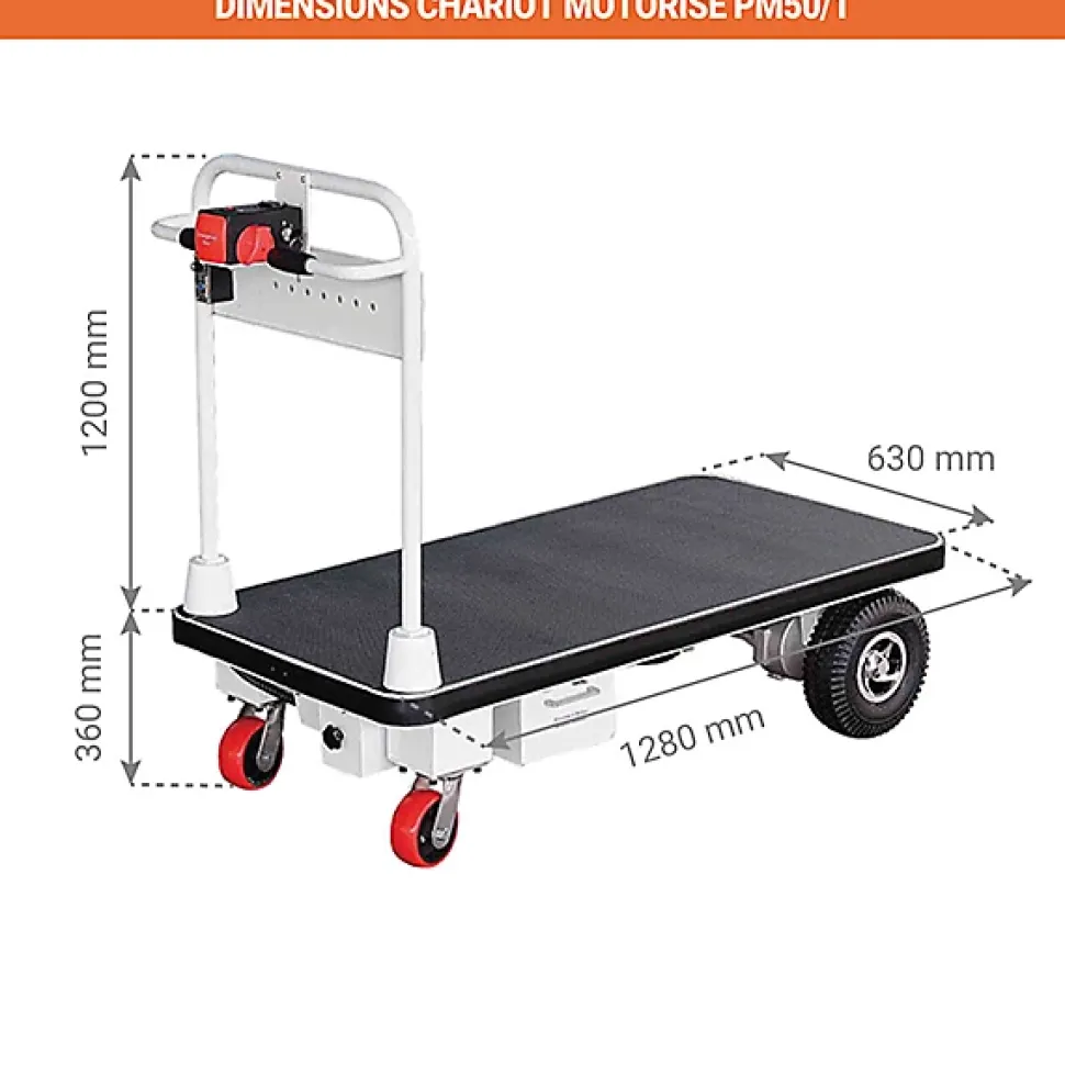 Chariot manutention motorisé - Plateau 1280x630mm - Charge max 400kg - Industrie et logistique - PM50/1