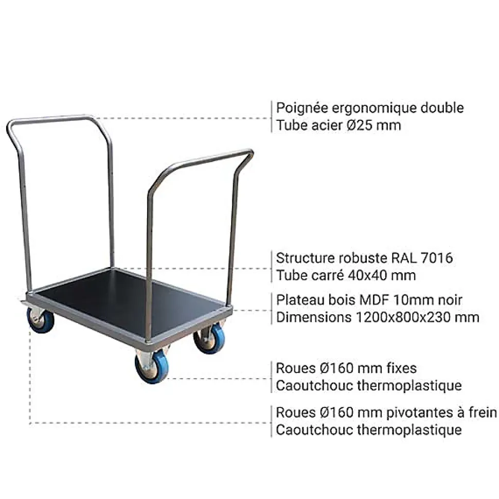 Chariot modulable 2 côtés - Plateau 1200x800mm - Charge max 500kg - CHG2T1