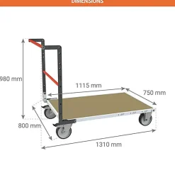 Chariot modulable à tube 1 côté - Plateau 1115x750mm - Charge max 500kg - Sols lisses - 806724611