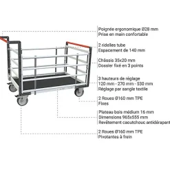 Chariot modulable à tube 4 côtés - Plateau antidérapant 965x555mm - Charge 500kg - 806724535