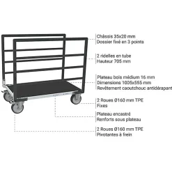 Chariot modulable à tube 2 ridelles - Plateau antidérapant 1005x555mm - Charge 500kg - 806724533