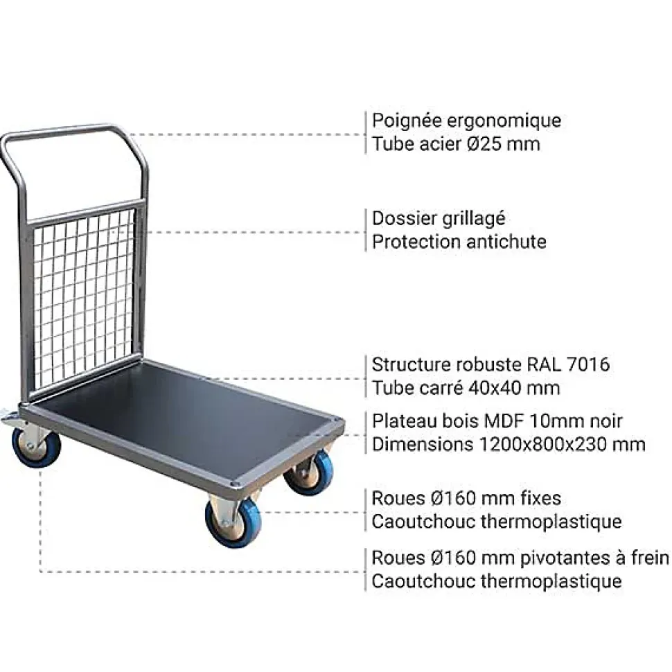 Chariot modulable grillagé - Plateau 1200x800mm - Charge max 500kg - CHG1T3
