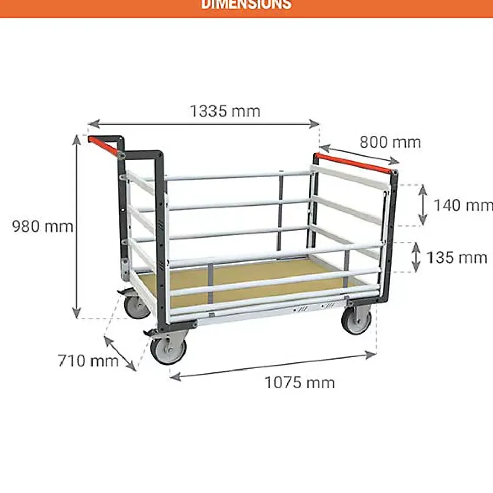 Chariot modulaire 2 dossiers et 2 ridelles réglables - Plateau 1075x710mm - Capacité 500kg - 806724615