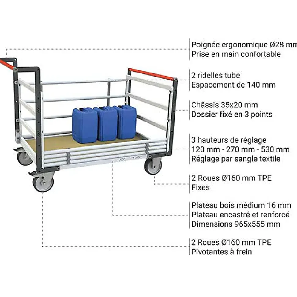 Chariot modulaire 2 dossiers et 2 ridelles réglables - Plateau 965x555mm - Capacité 500kg - 806724515