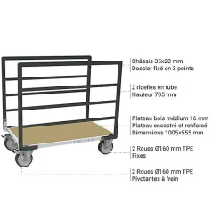 Chariot modulaire 2 ridelles - Plateau 1005x555mm - Charge max 500kg - 806724513