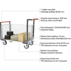 Chariot modulaire grillagé 3 côtés - Plateau bois médium 965x580mm - Charge max 500kg - 806724544