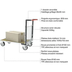 Chariot modulaire grillagé 1 côté - Plateau 1095x755mm - Charge 500kg - 806724641