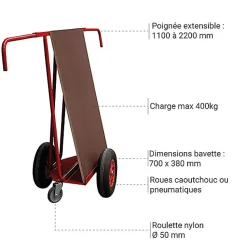 Chariot porte panneaux 400kg - Roues pneumatiques - 800008415