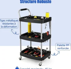 Chariot Service Atelier Chariot Outils à 3 Niveaux avec Porte Bouteilles Porte Outils Moulés Poignée Ergonomique