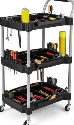Chariot Service Atelier Chariot Outils à 3 Niveaux avec Porte Bouteilles Porte Outils Moulés Poignée Ergonomique
