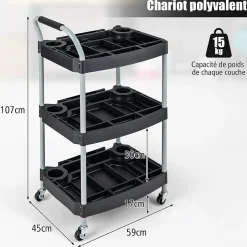 Chariot Service Atelier Chariot Outils à 3 Niveaux avec Porte Bouteilles Porte Outils Moulés Poignée Ergonomique