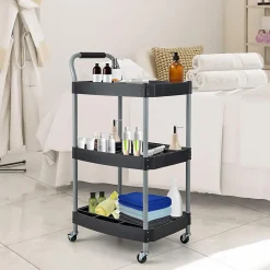 Chariot Service Atelier Chariot Outils à 3 Niveaux avec Porte Bouteilles Porte Outils Moulés Poignée Ergonomique